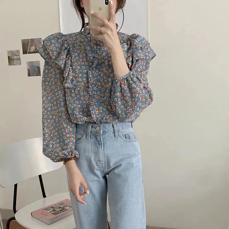 French Retro Floral Blouse Women Wood Ear blouse Women - EX-STOCK CANADA