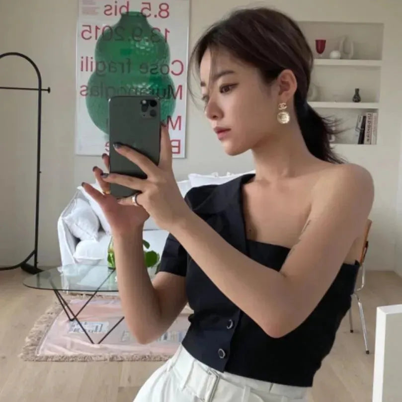 Summer Fashionable Irregular One-shoulder Design  Single-breasted blouse Shirt For Women - EX-STOCK CANADA