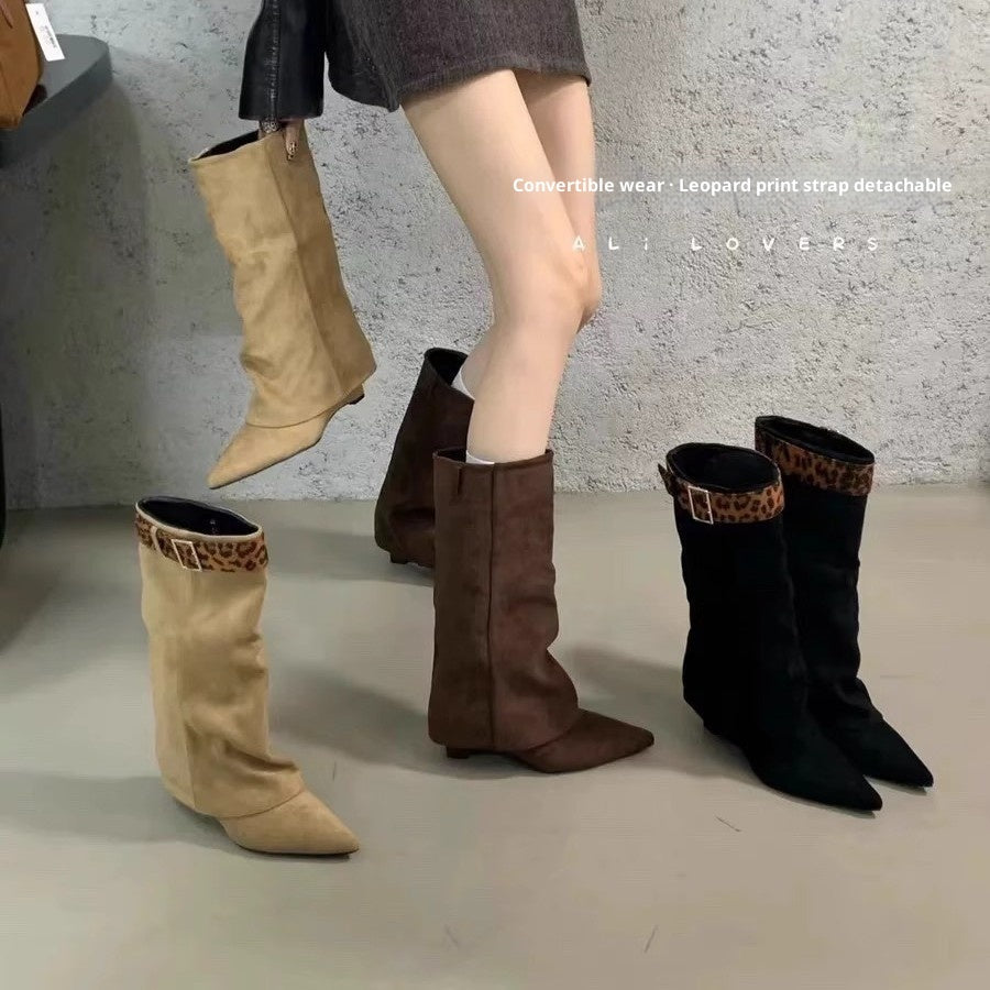 Women's Convertible Fold-Over Slouch Boots – Leopard Buckle Strap | Khaki, Brown & Black | Sizes 35–40