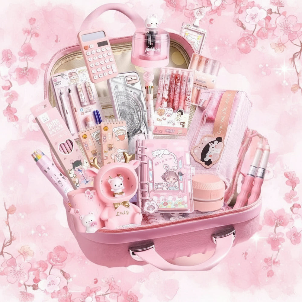Pink stationery set with various items in a suitcase-like container on a white background