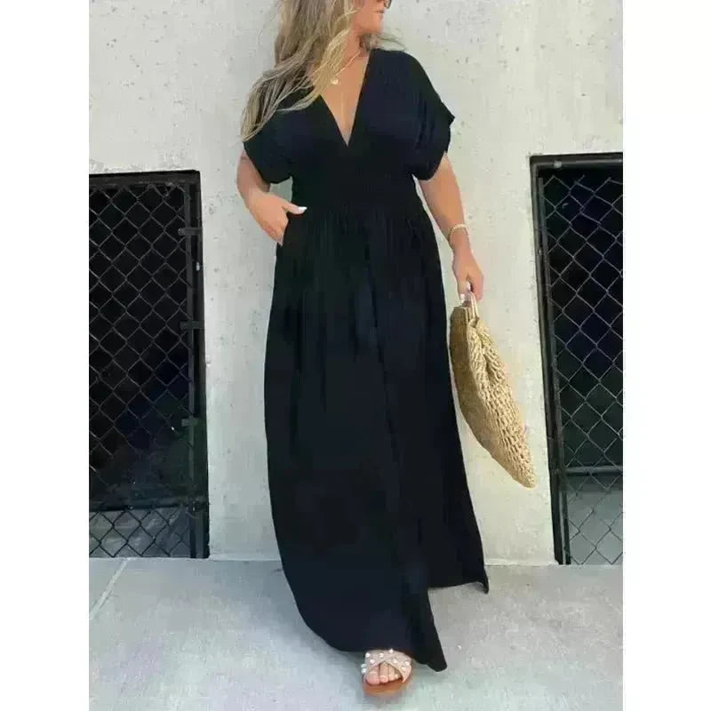 Fashion Bat-sleeved V-neck Slit Dress Summer Beach Short Sleeve Elastic Waist Split Long Dresses Womens Clothing - EX-STOCK CANADA