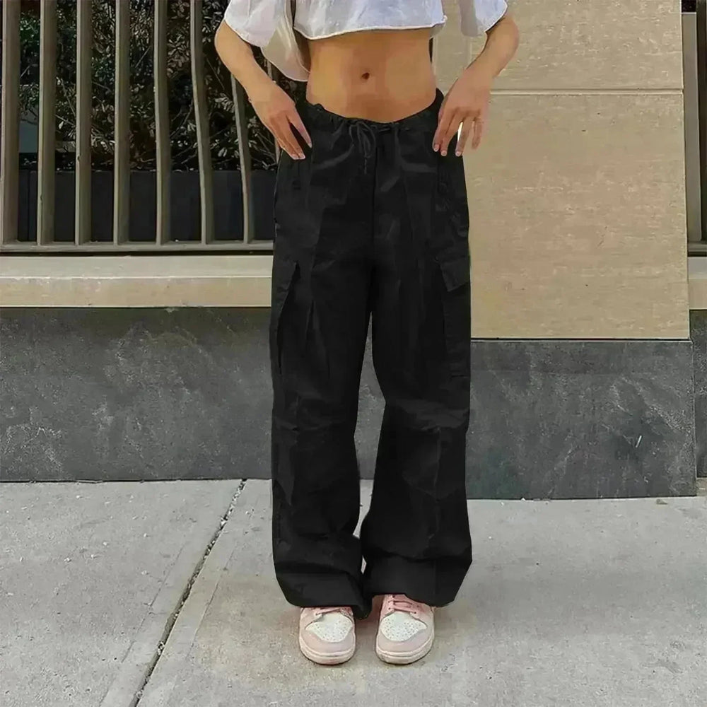 Casual Cargo Pants For Women Solid Color Drawstring Pocket Design Fashion Street Trousers Girls - EX-STOCK CANADA