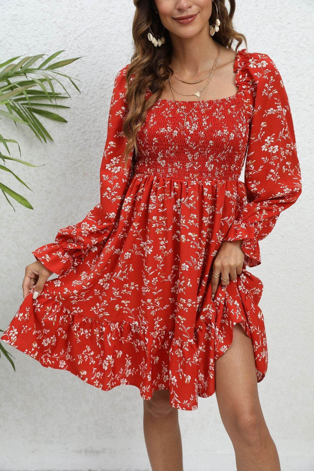 Casual Spring And Summer lantern Sleeve floral Mini Dress - EX-STOCK Canada