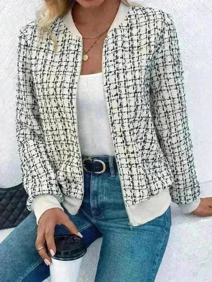 Autumn Winter Casual Long Sleeve plaid Houndstooth  zipper outwear jacket women - EX-STOCK CANADA