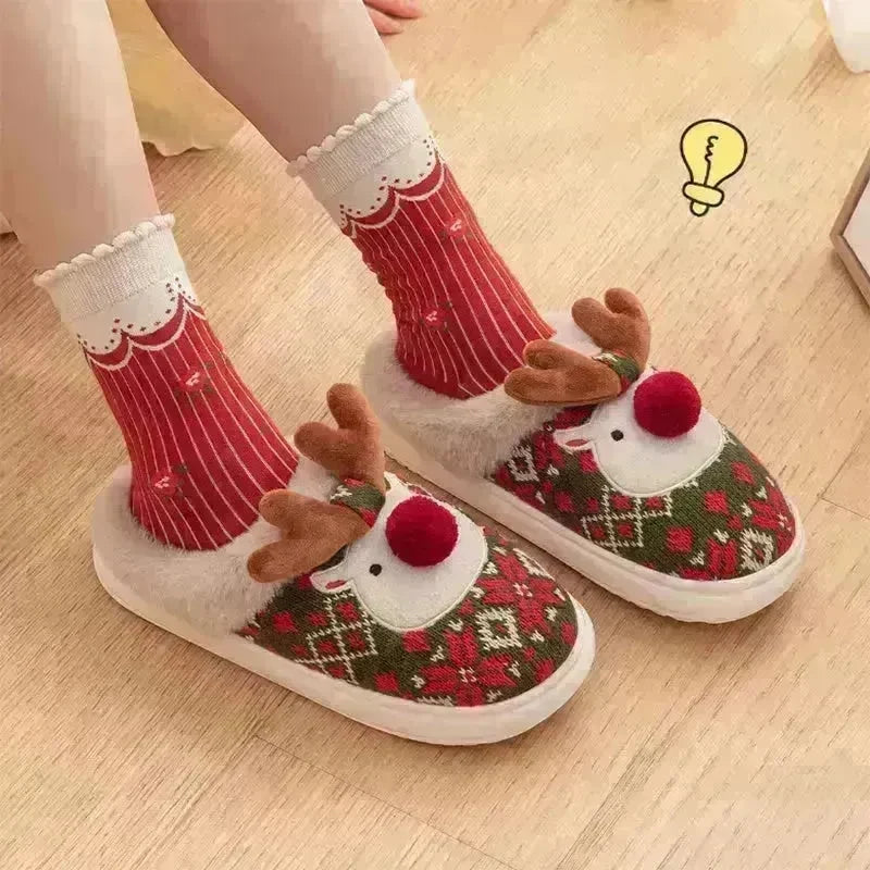 Cute Christmas Elk Plush Slippers Winter Ins Fashion Non-slip Floor Bedroom Home Slippers For Women Fuzzy House Shoes - EX-STOCK CANADA