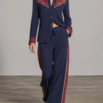 Women's Western Colorblock Lapel Shirt & Wide-Leg Pants Two-Piece Set – Navy Blue | Canada & USA