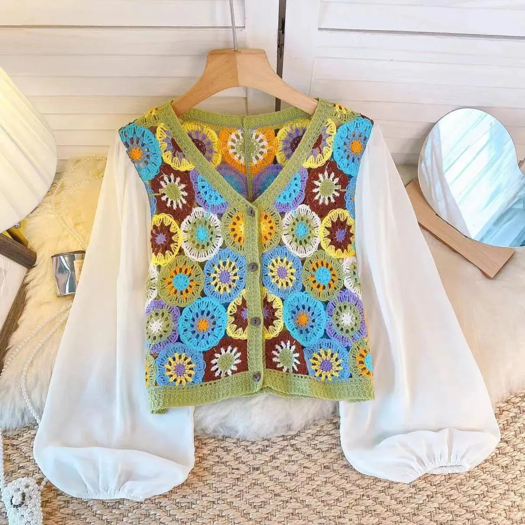 Summer Vacation Style Crocheted Hollow Design Knitted Chiffon Patchwork Long Sleeve Retro Slimming V-neck blouse top For Women - EX-STOCK CANADA