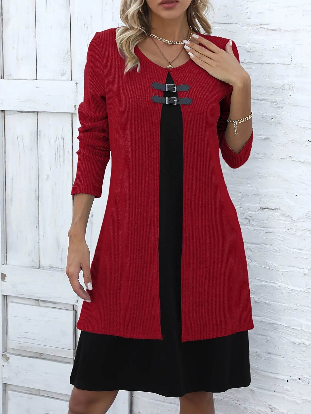 Contrast Color Buckled Round Neck Fashion Winter Sweater Dress - EX-STOCK Canada