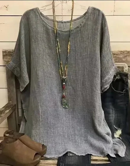 Women Fashion Casual blouse top 3/4 Sleeve Round Neck Blouses Summer Loose linen Tops Streetwear - EX-STOCK CANADA