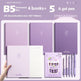 Purple notebook set with 4 books and 5 gel pens labeled 'Cheese Grapes' on a white background.
