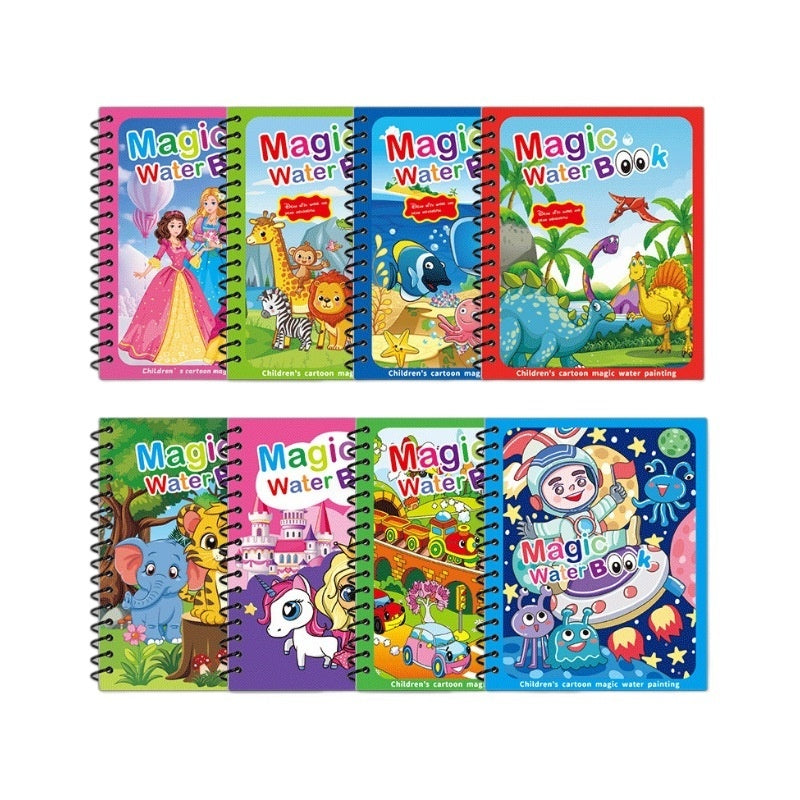Set of colorful 'Magic Water' books with various animal and character illustrations on a white background.