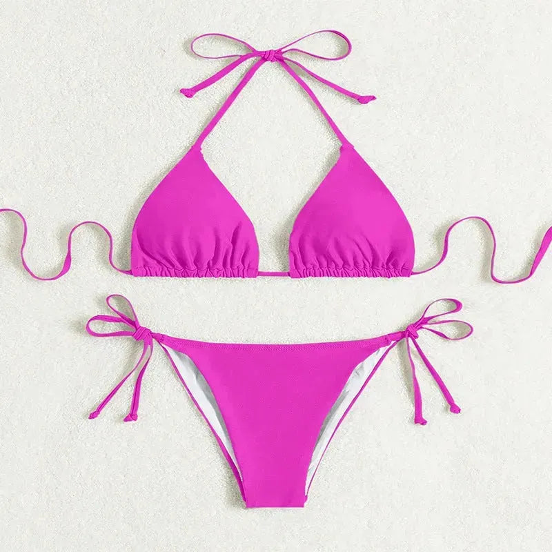 Pure Color Tied Halter Bikini Swimsuit - EX-STOCK CANADA