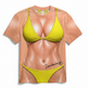 A short-sleeve crewneck t-shirt featuring a full-body graphic print of a woman's torso wearing a bright yellow bikini. The t-shirt itself has a peach-beige skin tone with printed shading, and the word 'Sandovaly' is written in black script on the lower right side of the bikini bottom.