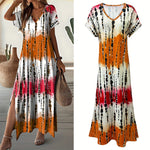 Women's Summer Tie Dye Maxi Dress Short Sleeve V Neck Casual Loose Long Split Dresses EX-STOCK