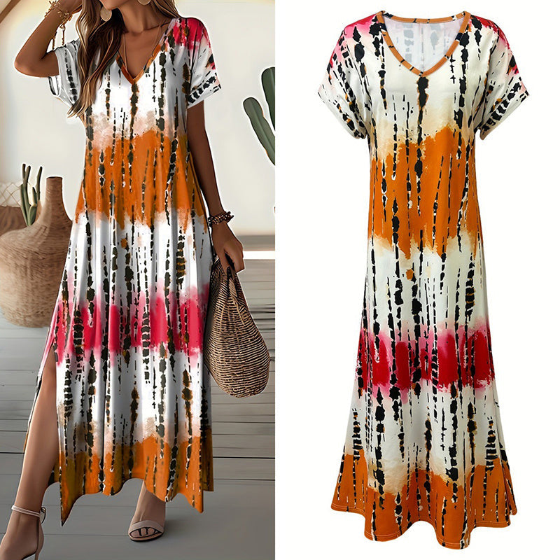 Women's Summer Tie Dye Maxi Dress Short Sleeve V Neck Casual Loose Long Split Dresses EX-STOCK