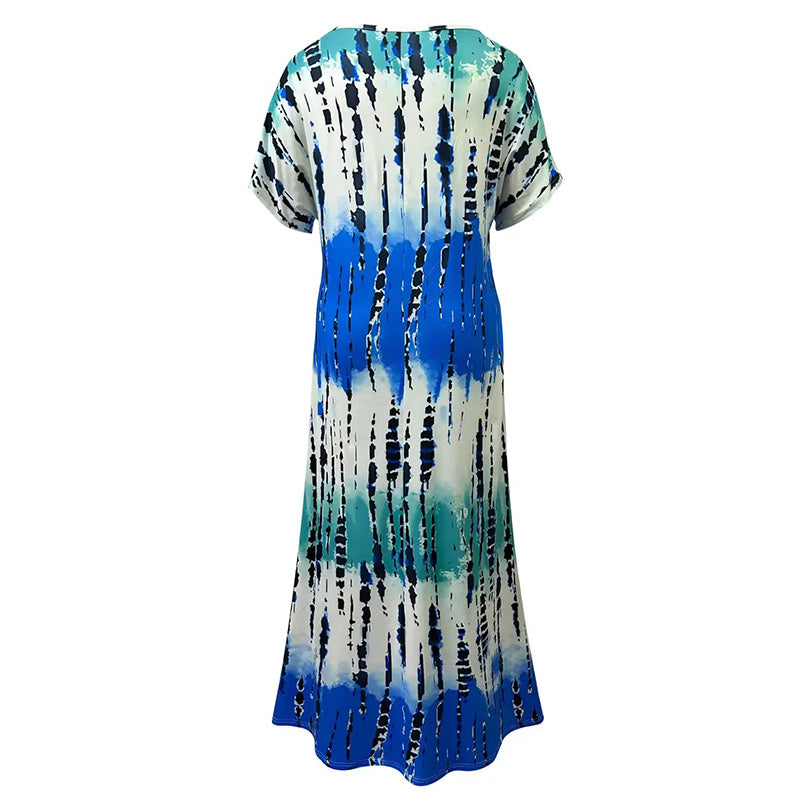 Women's Summer Tie Dye Maxi Dress Short Sleeve V Neck Casual Loose Long Split Dresses EX-STOCK