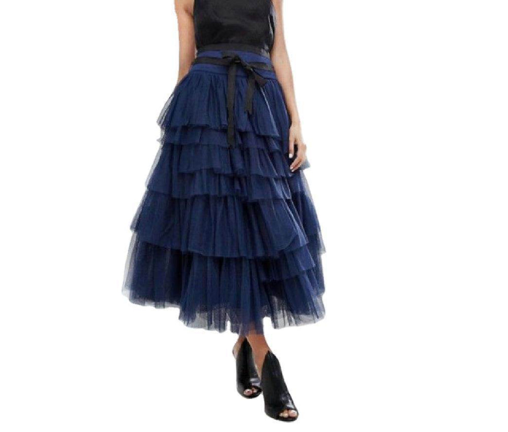 Summer Long Wave Ruffle Layered Ruched High Waist Midi tulle Skirt - EX-STOCK Canada