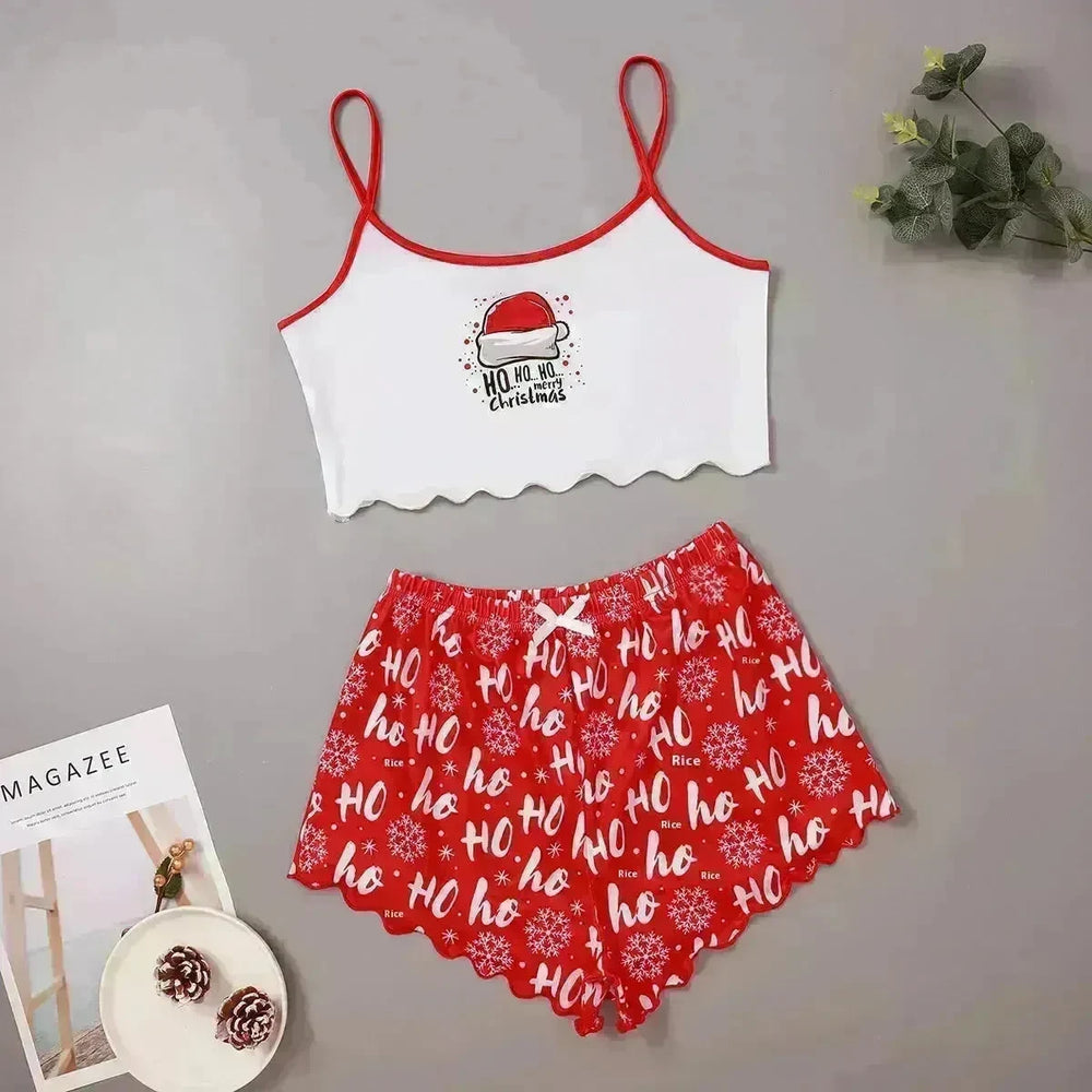 Christmas European And American Thin Pajamas Women's Sleeveless Shorts Milk Silk Simple Casual Two-piece Suit Homewear - EX-STOCK CANADA