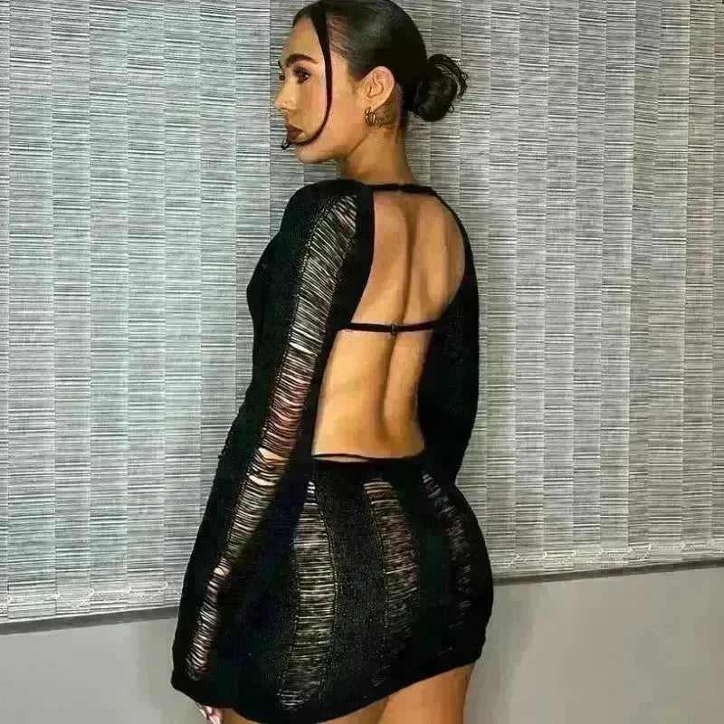 Women Fashion Slim Fit Hollow Long Sleeve Dress Y2K Charming Backless Hip-hugging Short Mini Suspender Dresses for Club Party - EX-STOCK CANADA