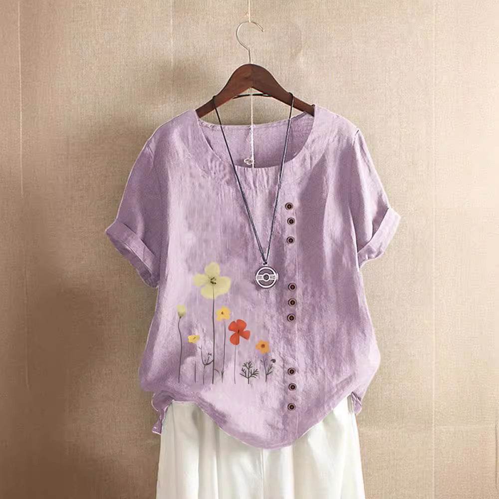 Casual Summer Beach Cotton And Linen Printed Elegant Short Sleeve blouse Top Women - EX-STOCK Canada