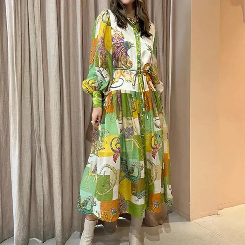 Print Holiday Women Beach Dress With Belts A-Line Long Lantern Sleeve Single Breasted Lapel Seaside Dresses Robe - EX-STOCK CANADA