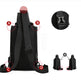 Black backpack with labeled features on a white background
