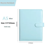 Blue notebook cover with dimensions and product name on a white background