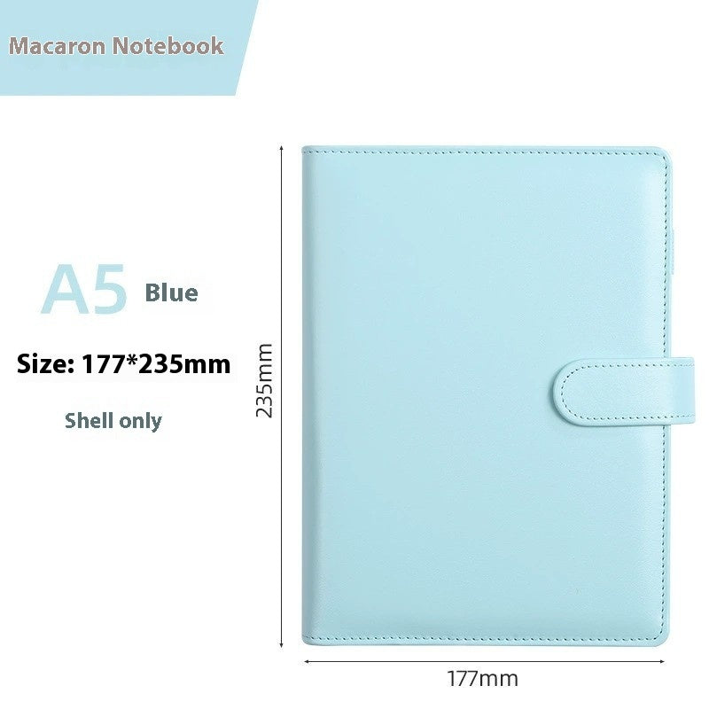 Blue notebook cover with dimensions and product name on a white background