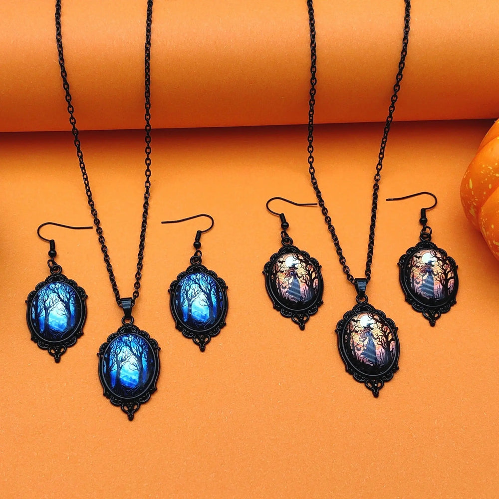 3pcs Vintage Halloween Tree Of Life And Witch Necklace Set With Earrings Alloy Pendant Jewelry - EX-STOCK Canada