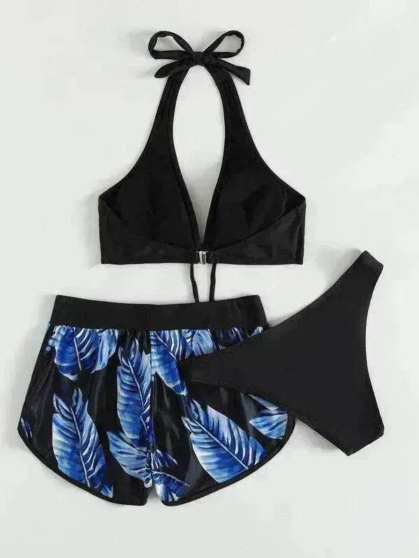 3pcs Leaf Print Bikini With Shorts Fashion Summer Beach Swimsuit Womens Clothing - EX-STOCK Canada