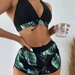 3pcs Leaf Print Bikini With Shorts Fashion Summer Beach Swimsuit Womens Clothing - EX-STOCK Canada