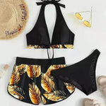 3pcs Leaf Print Bikini With Shorts Fashion Summer Beach Swimsuit Womens Clothing - EX-STOCK Canada