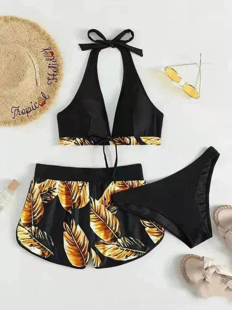 3pcs Leaf Print Bikini With Shorts Fashion Summer Beach Swimsuit Womens Clothing - EX-STOCK Canada