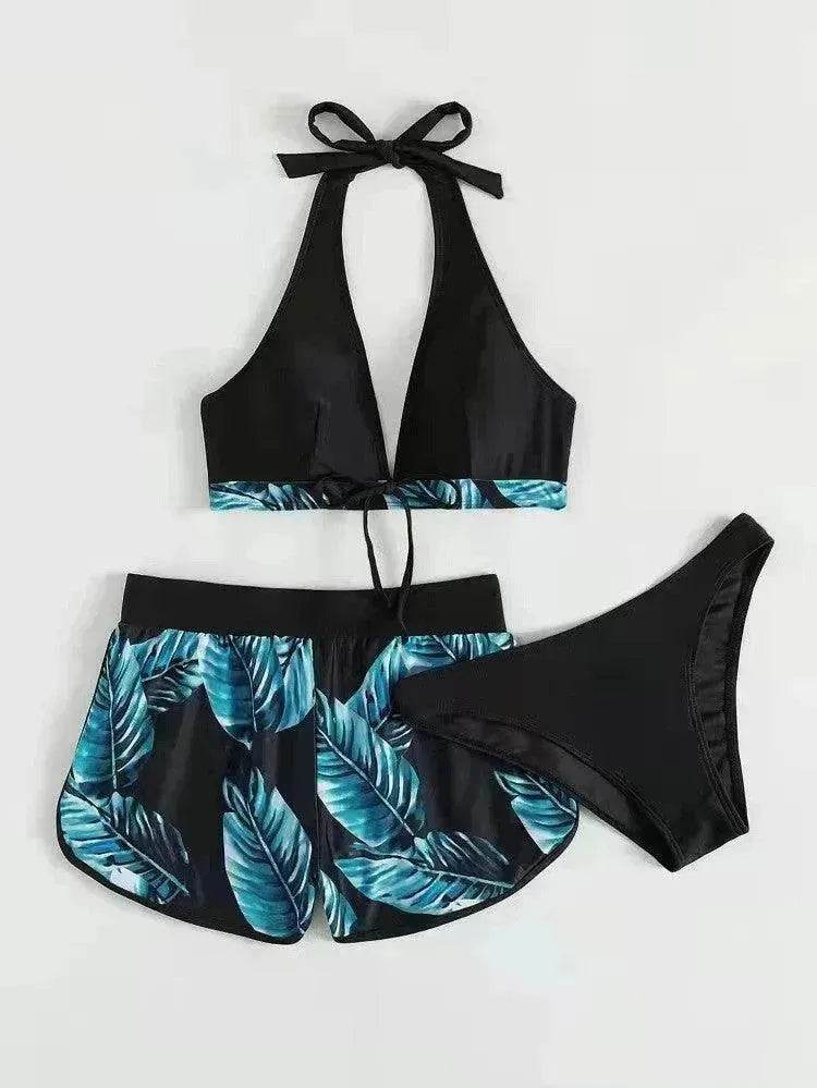 3pcs Leaf Print Bikini With Shorts Fashion Summer Beach Swimsuit Womens Clothing - EX-STOCK Canada
