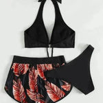 3pcs Leaf Print Bikini With Shorts Fashion Summer Beach Swimsuit Womens Clothing - EX-STOCK Canada