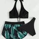 3pcs Leaf Print Bikini With Shorts Fashion Summer Beach Swimsuit Womens Clothing - EX-STOCK Canada