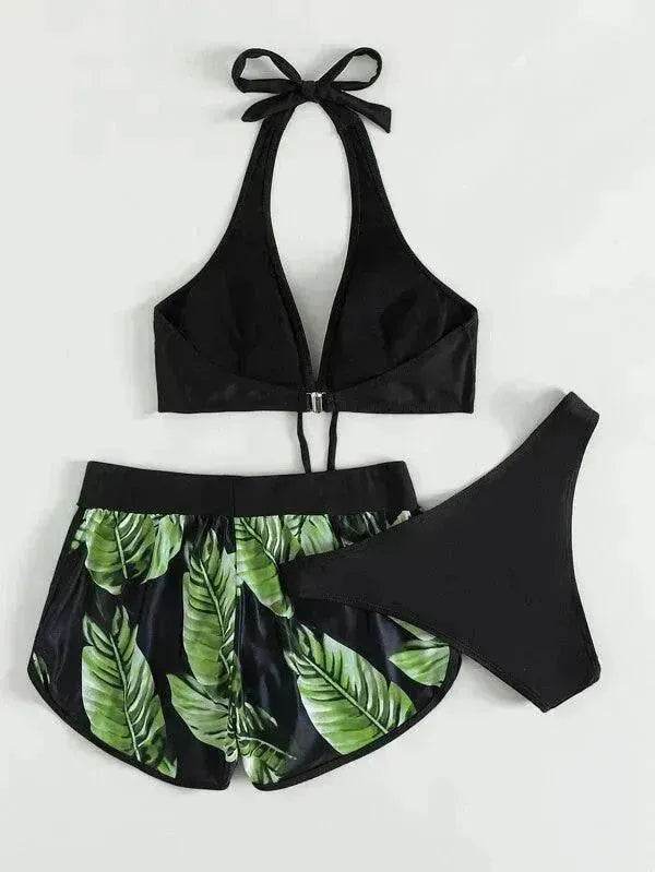 3pcs Leaf Print Bikini With Shorts Fashion Summer Beach Swimsuit Womens Clothing - EX-STOCK Canada