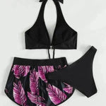 3pcs Leaf Print Bikini With Shorts Fashion Summer Beach Swimsuit Womens Clothing - EX-STOCK Canada