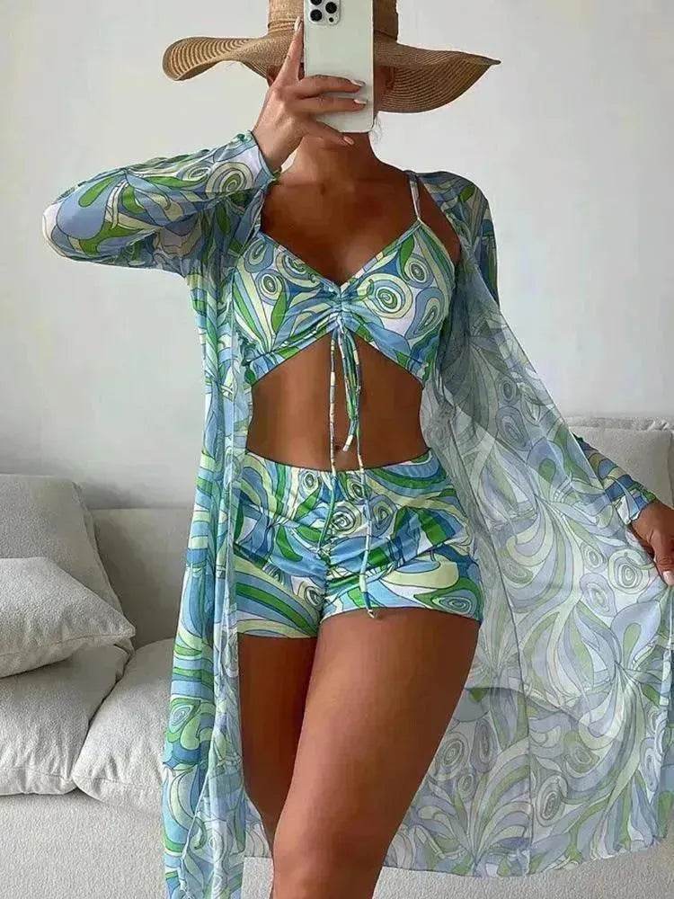 3pcs Pring Bikini With Long Sleeve Cardigan Fashion Summer Beach Swimsuit Women - EX-STOCK Canada