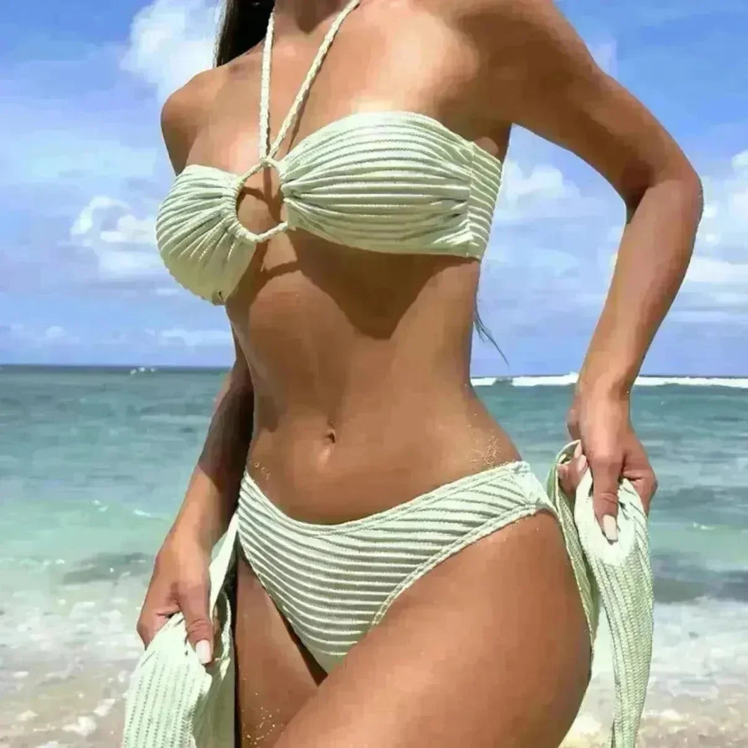 3pcs Solid Color Stripe Swimsuit Sexy Summer Beach Bikini Set Womens Clothing - EX-STOCK CANADA