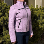 Women's Classic Lamb Leather Jacket. Round Collar with Studs, 4 Zippered Pockets & Shoulder Accent Stitching 