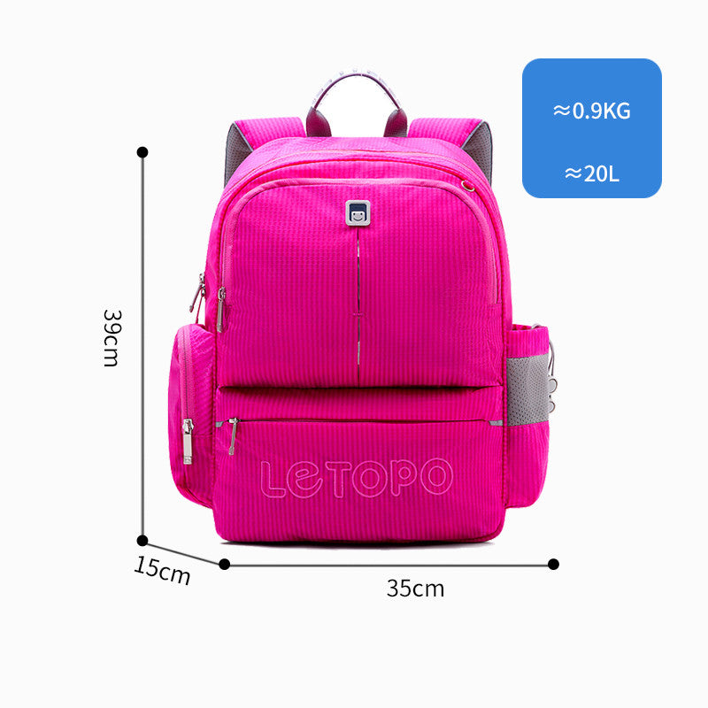 Pink backpack with measurements and weight information on a white background