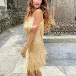 Elegant Chic Spaghetti Strap Luxury Tassel Sequins Feather Women’s Mini Dress for Evening Party, Cocktail Wedding Guest. - EX-STOCK CANADA