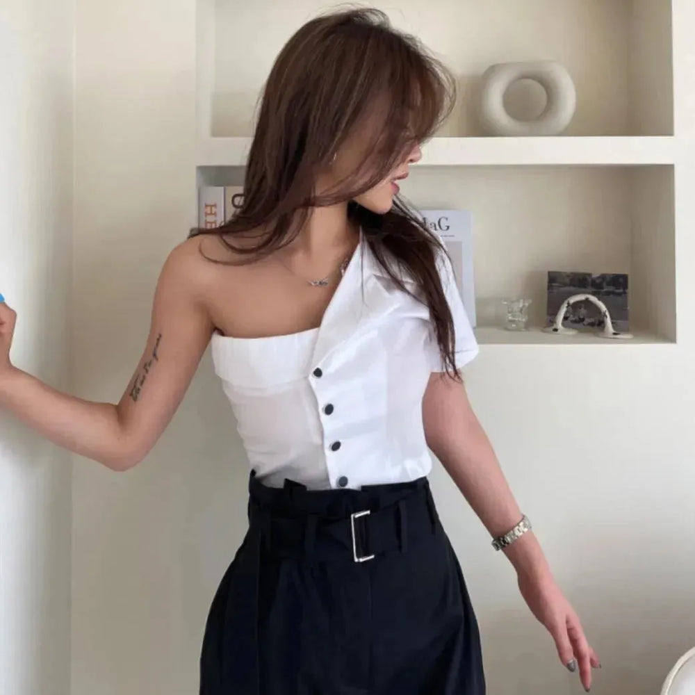 Summer Fashionable Irregular One-shoulder Design  Single-breasted blouse Shirt For Women - EX-STOCK CANADA