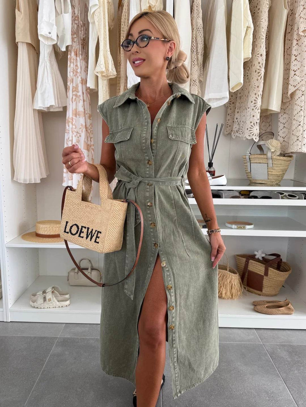 Women's Casual Sleeveless Lace-up Long Dresses Fashion Pockets Solid Party Office Elegant Lapel Single Breasted Denim Dress Summer  EX-STOCK CANADA