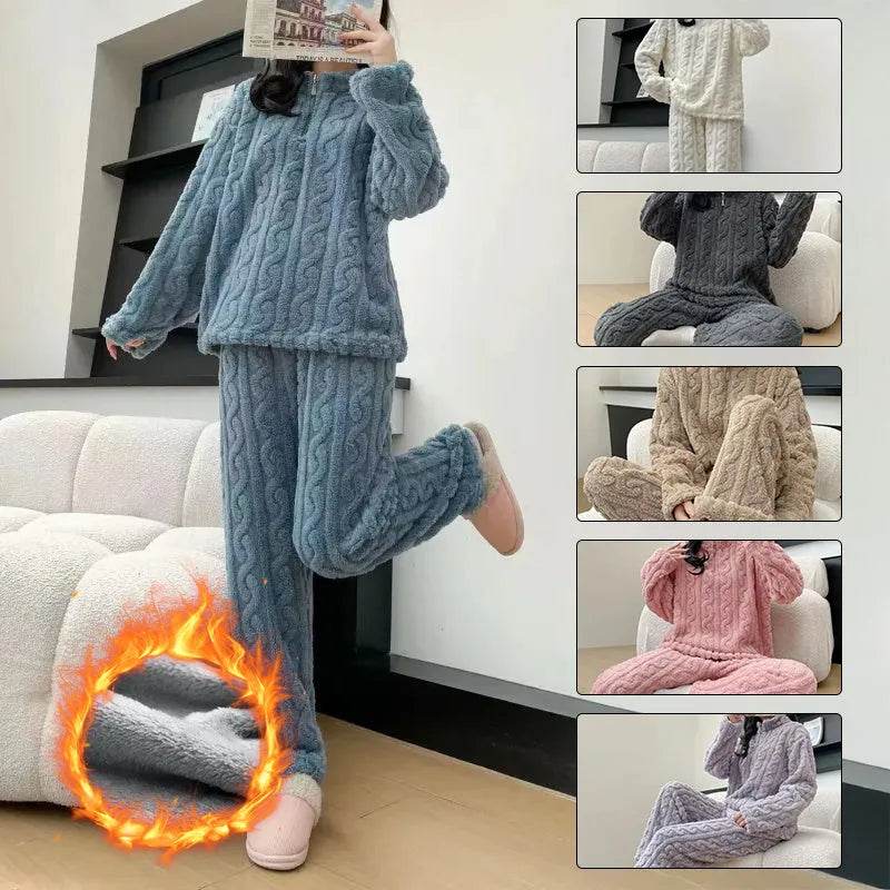 Autumn And Winter New Twist Zipper Couple Fleece-lined Thick Coral Fleece Pajamas Homewear Loungewear Sleepwear For Sleeping - EX-STOCK Canada