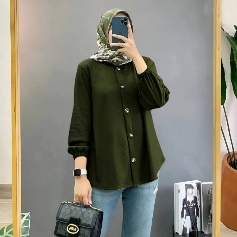 Muslim Ice Silk Wrinkle Stand-up Collar Literary Vintage Cardigan Loose Shirt Women - EX-STOCK Canada
