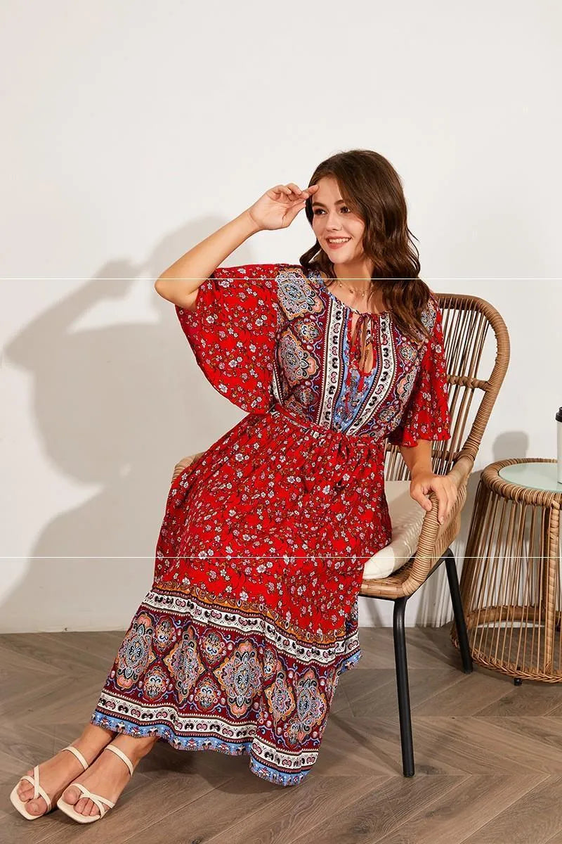 Modest Plus Size Summer dress V Neck Midi Beach boho Dress - EX-STOCK CANADA