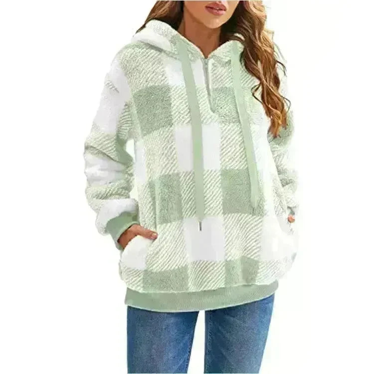 Casual Thick Fleece Plush half zip Plaid Hoodie Pullover top for women - EX-STOCK CANADA