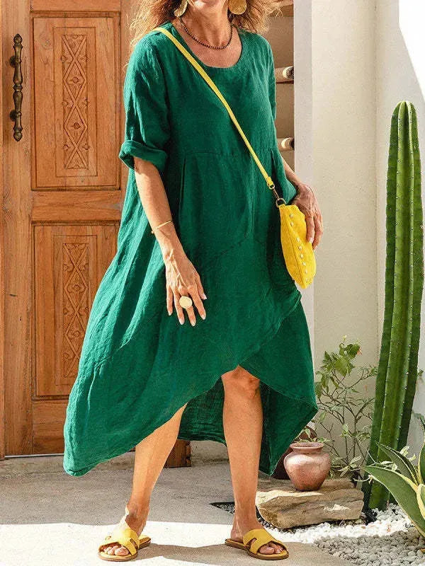 Women Maxi Dress Neck Pocket Summer Loose Casual Baggy Robe Female Retro Long Dresses - EX-STOCK CANADA